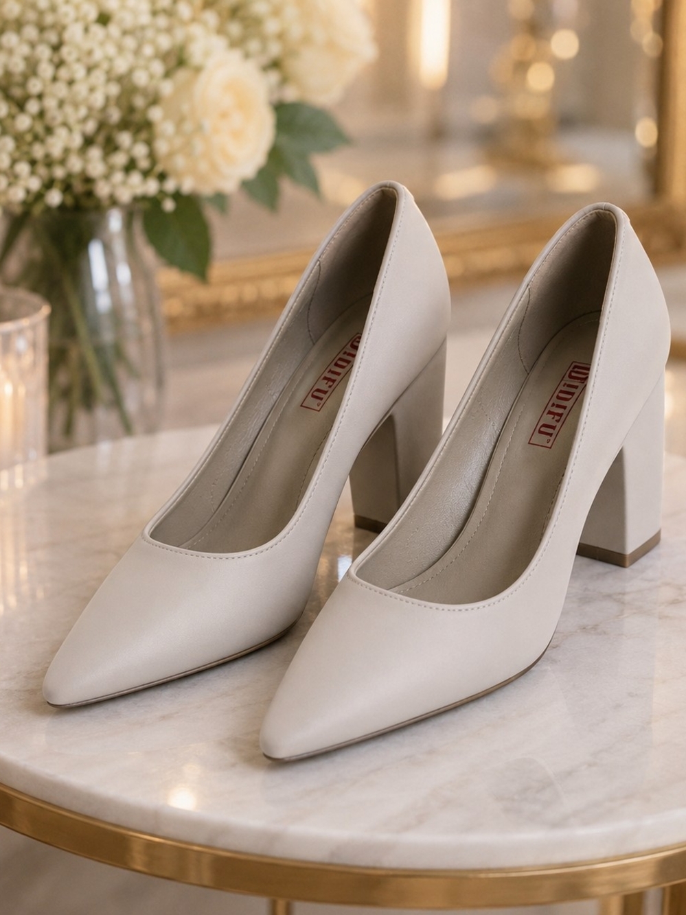 IDIFU Women's Pointed Block Heel Pumps in Light Cream